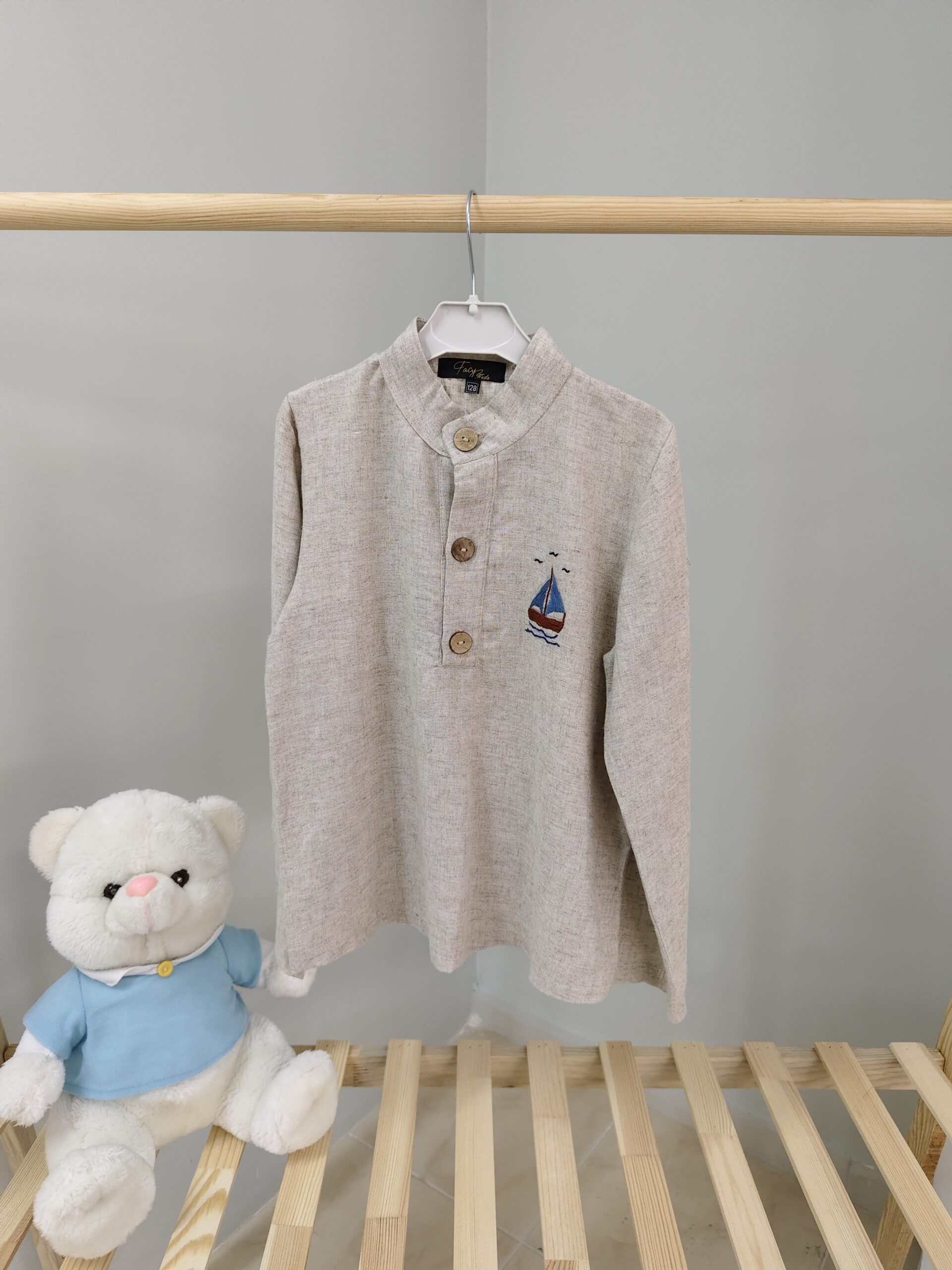 Kırçıllı Krem Keten Gömlek ve Pantolon/Şalvar Takım - Görsel 4