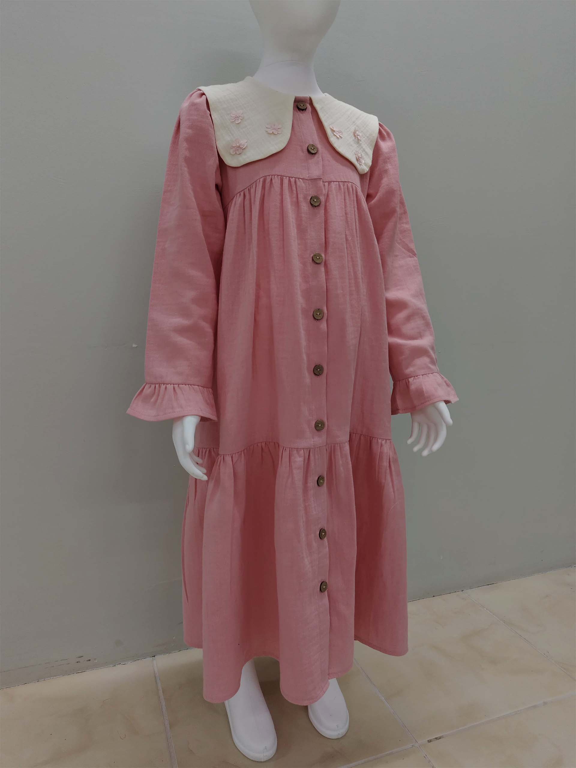 Pembe - Krem Renk Müslin Önlük Yakalı Elbise