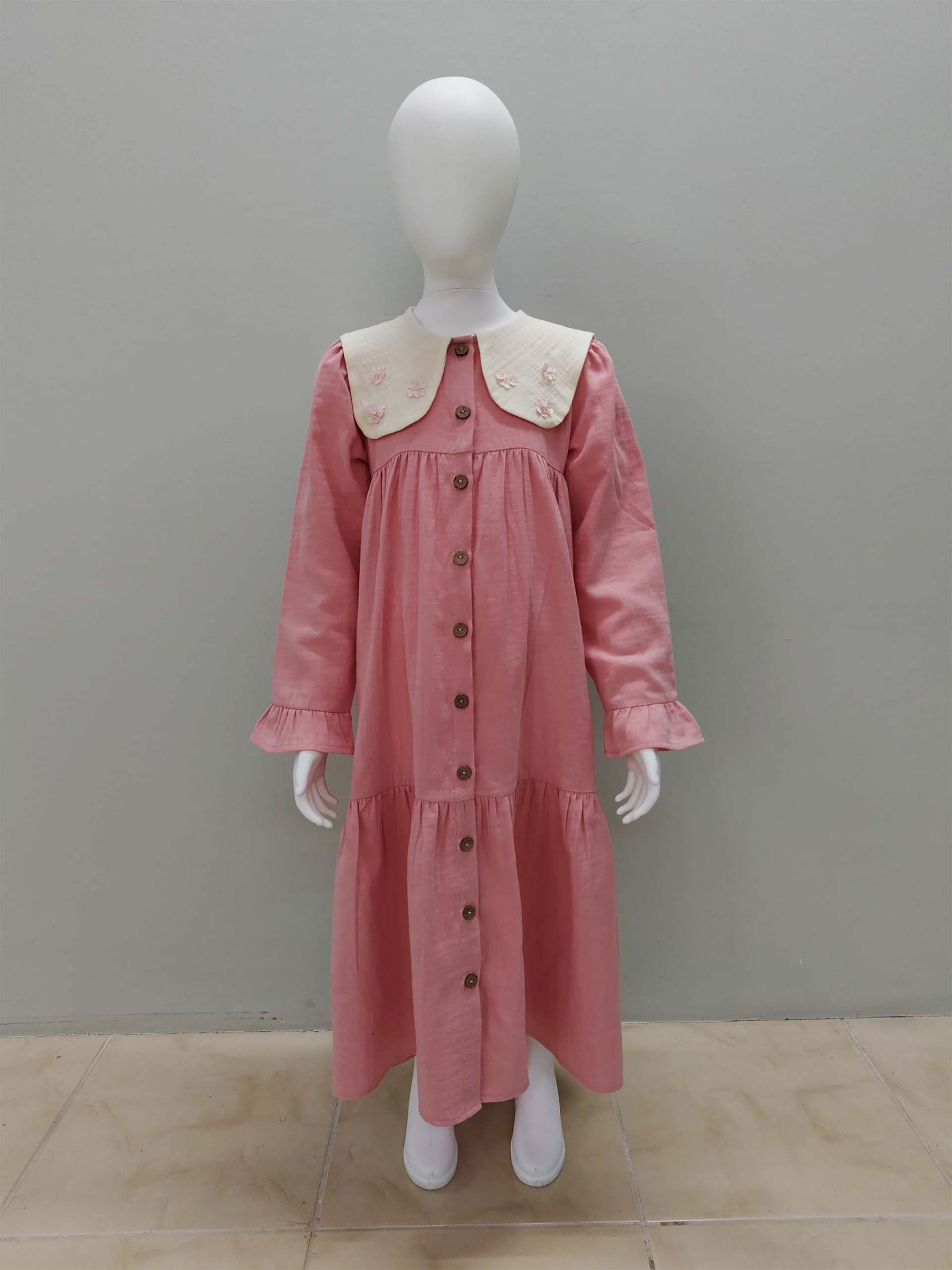 Pembe - Krem Renk Müslin Önlük Yakalı Elbise - Görsel 2