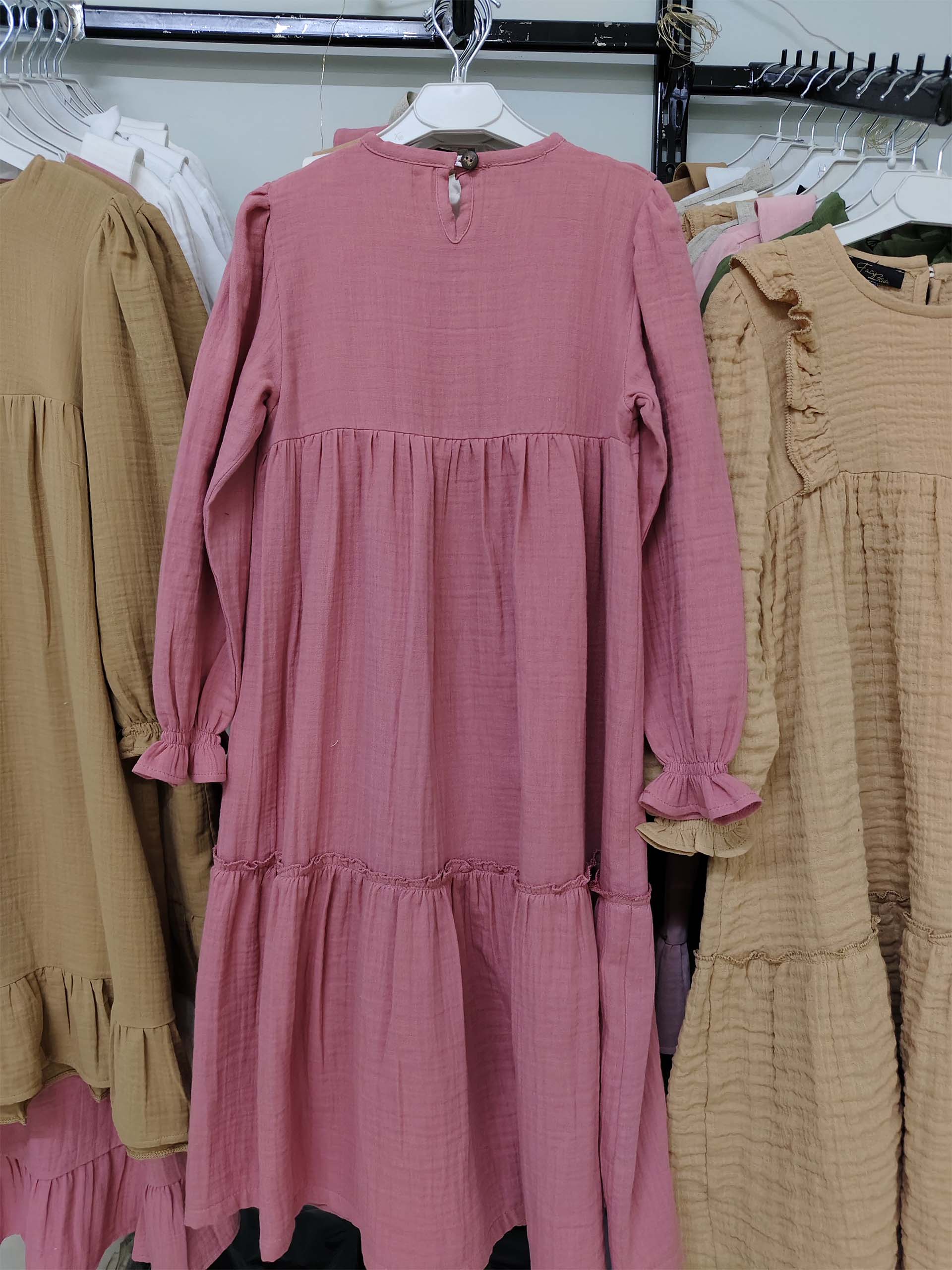 Gül Kurusu Renk Fırfır Robalı Müslin Elbise - Görsel 2