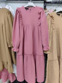 Gül Kurusu Renk Fırfır Robalı Müslin Elbise