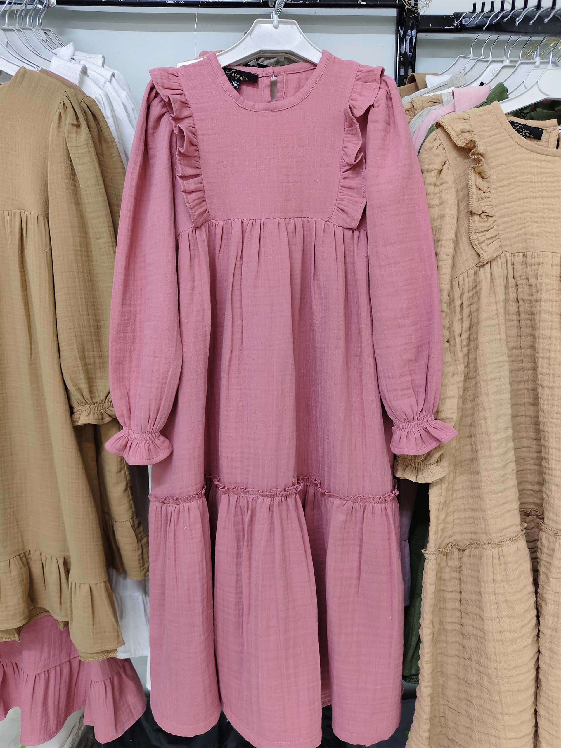 Gül Kurusu Renk Fırfır Robalı Müslin Elbise