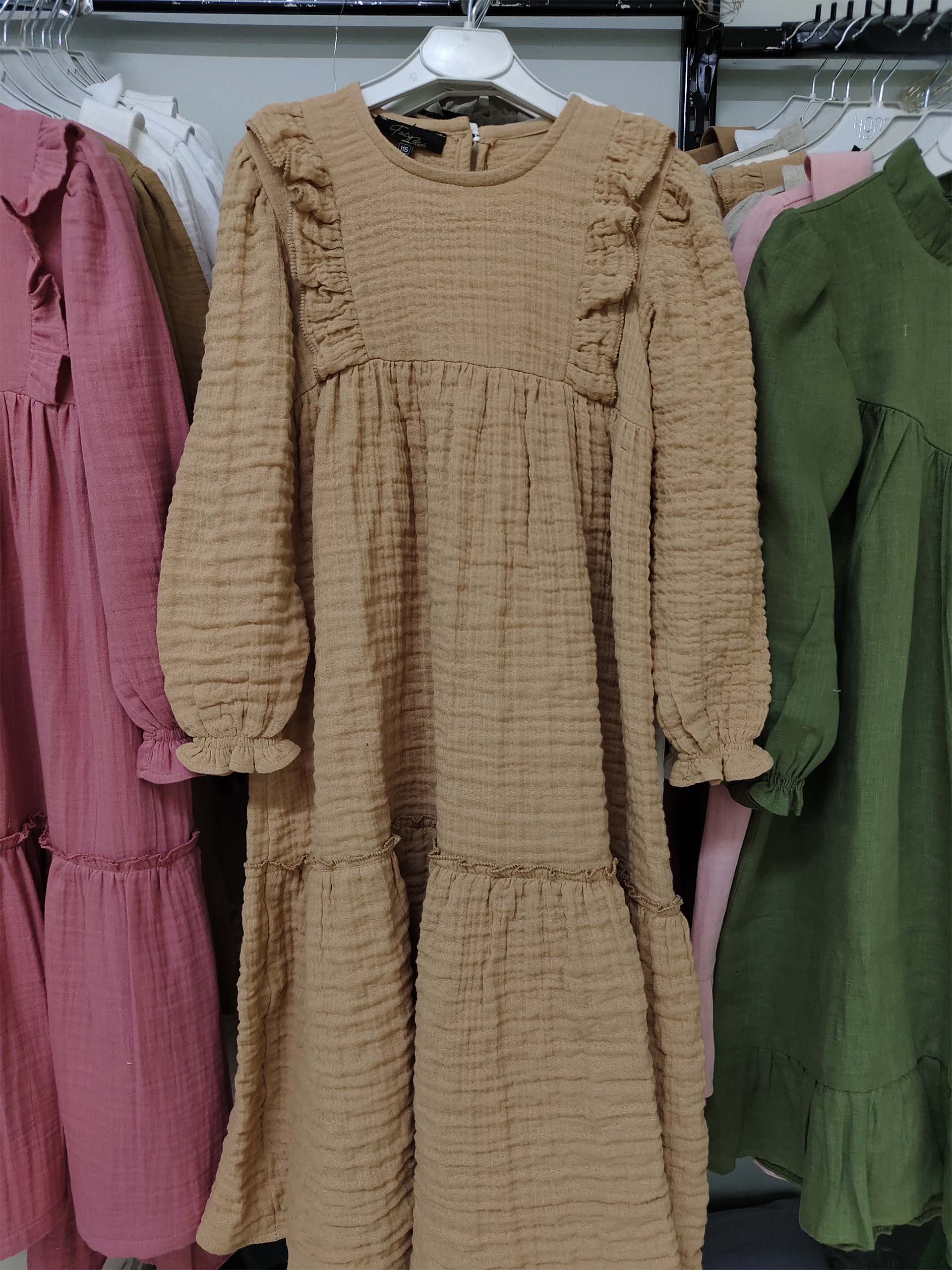 Tarçın Renk Fırfır Robalı Müslin Elbise