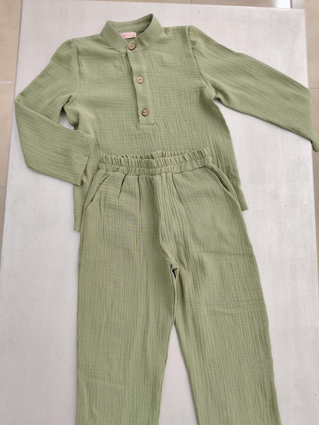 Çağla Yeşili Müslin Gömlek ve Pantolon/Şalvar Takım - Görsel 2