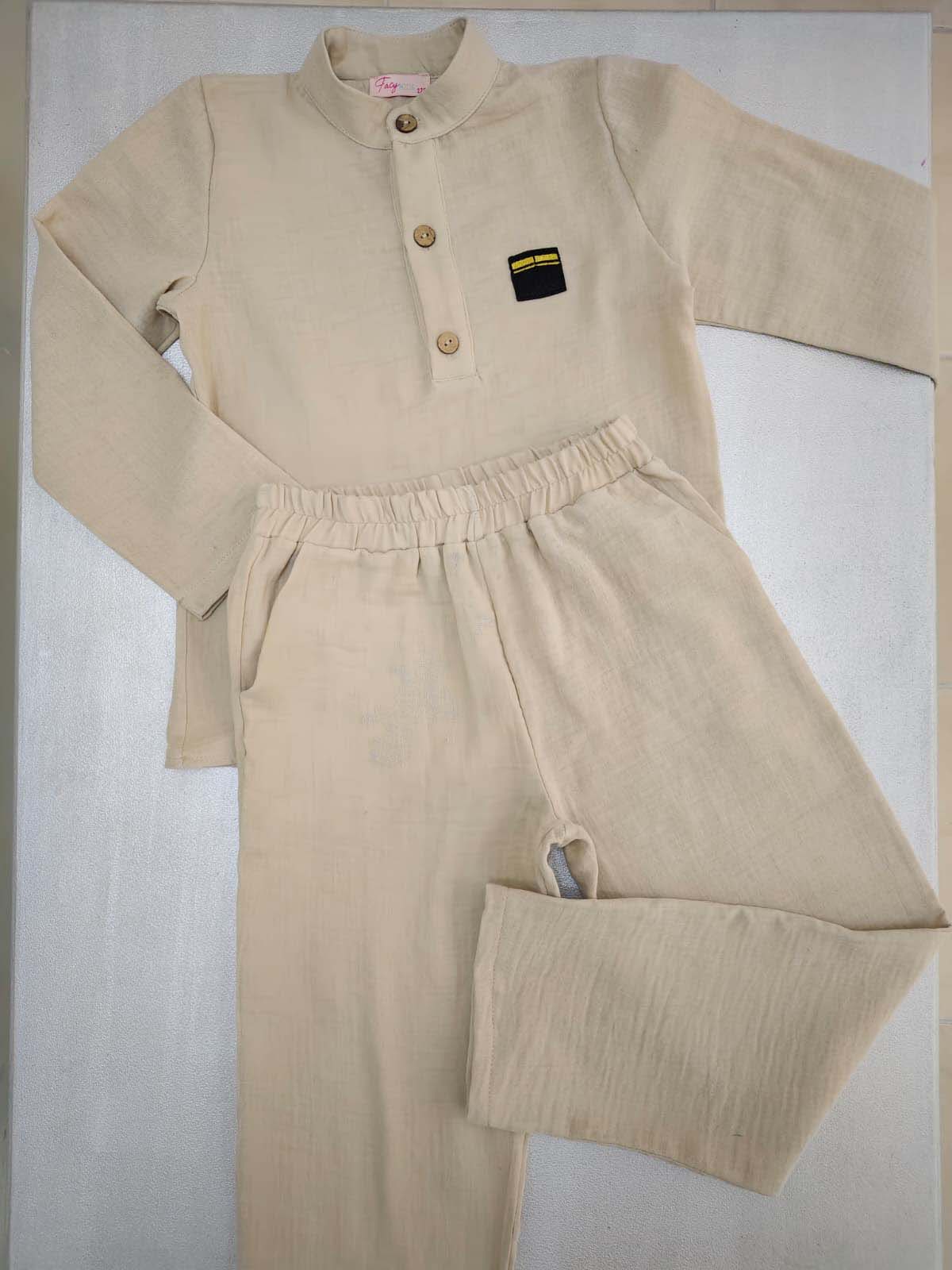 Taş Rengi Müslin Gömlek ve Pantolon/Şalvar Takım - Görsel 3