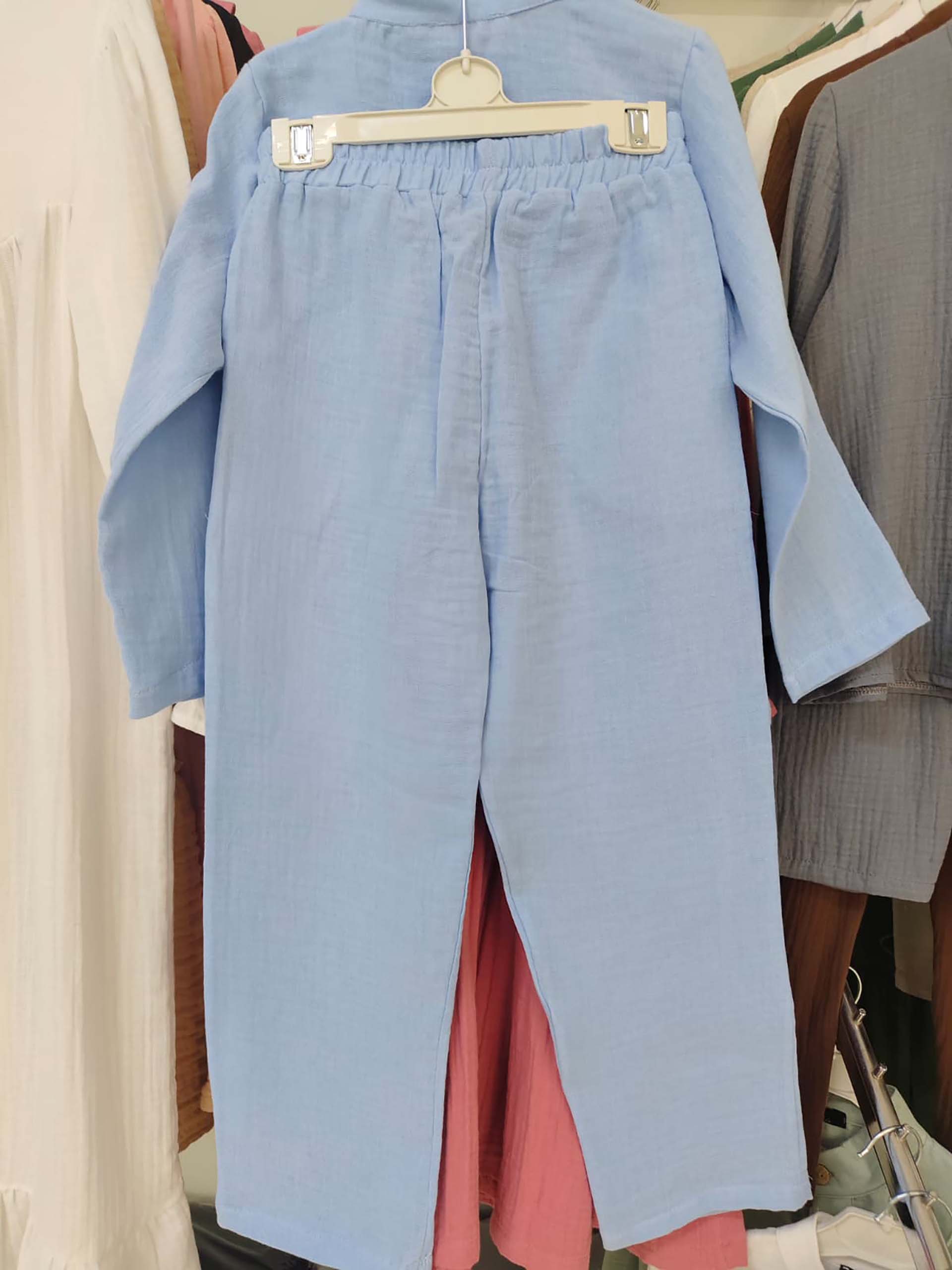 Bebe Mavisi Müslin Gömlek ve Pantolon/Şalvar Takım - Görsel 2