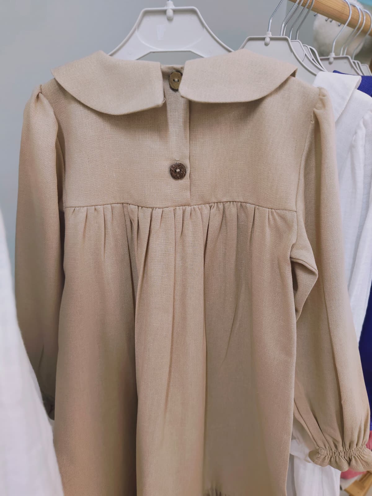 Bej Rengi Viskon Keten V-Roba Bebe Yaka Elbiseler - Görsel 3