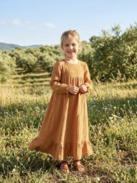 Tarçın Renk Büzgülü Müslin Elbise Modeli